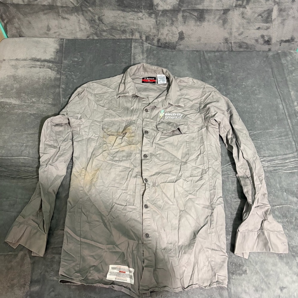 Bulwark FR Shirt Mens Medium Long Sleeve Button down Khaki Brown Stained